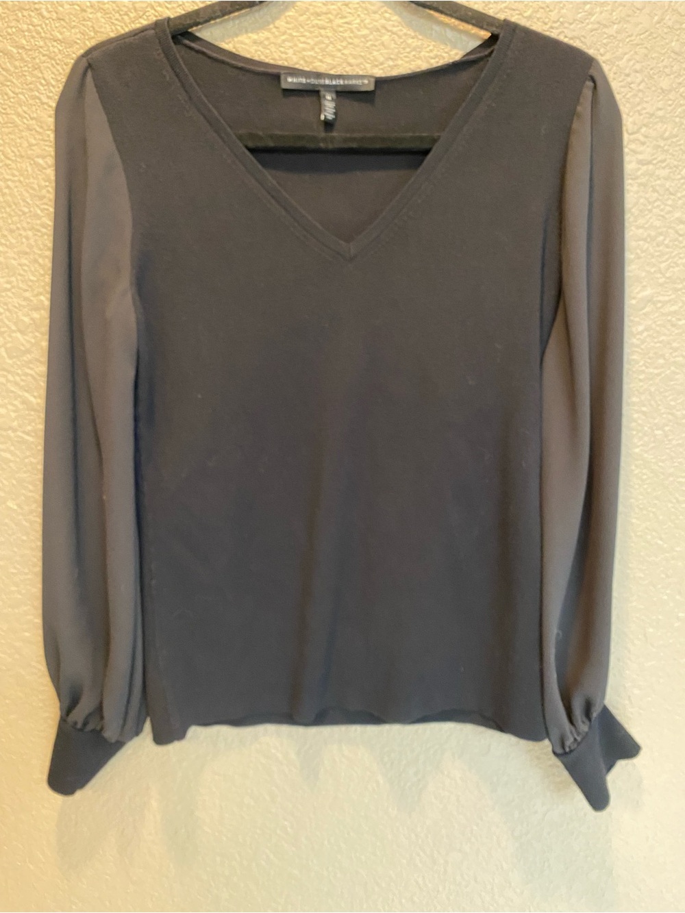 White House Black Market Black V-Neck Long Sleeve Top with Sheer Sleeves